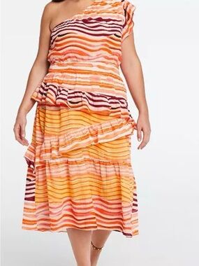 NWT Ella Rafaella One Shoulder Ruffled Cotton Midi Dress